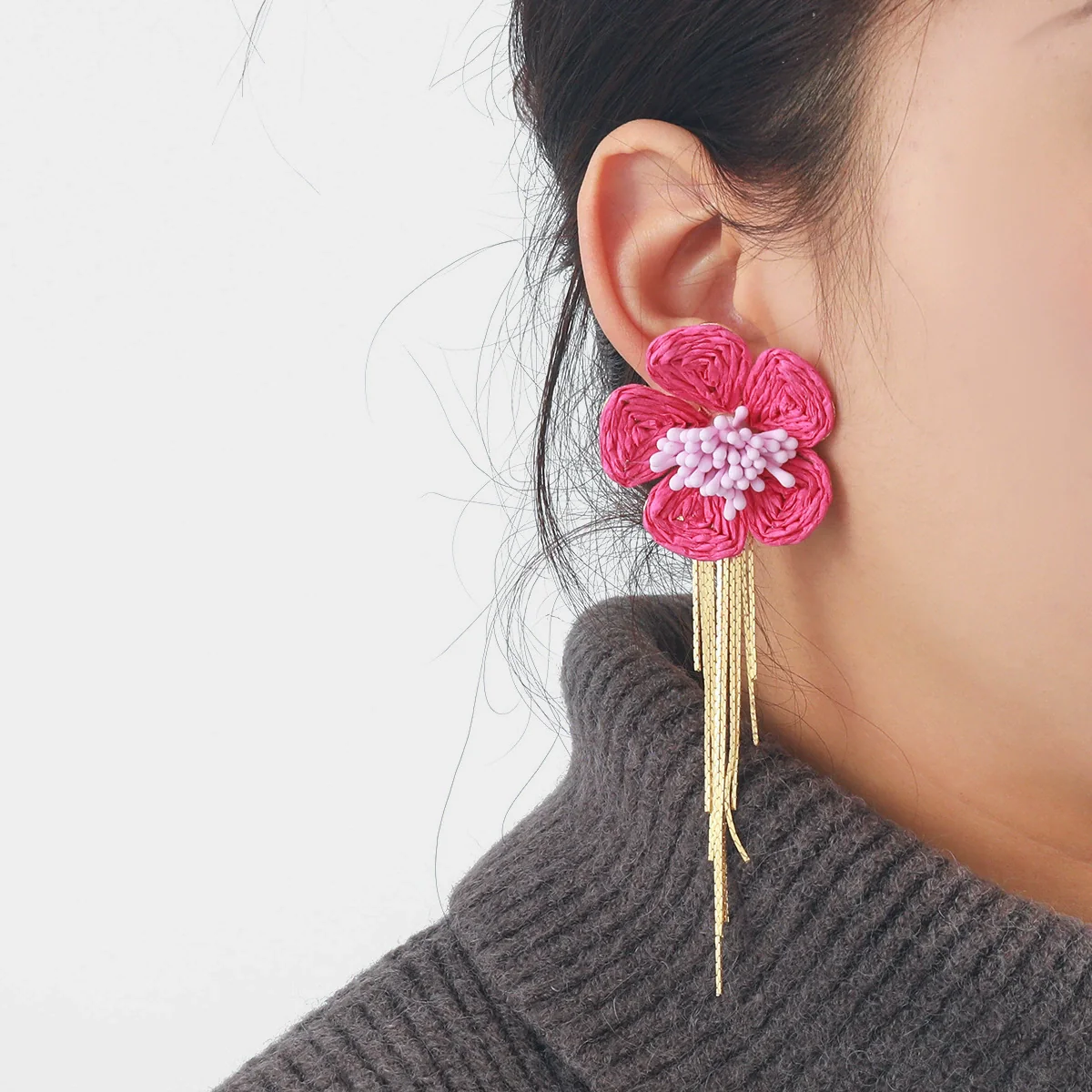 Wholesale Women's Raffia Flower Hand Knitted Tassel Earrings - Image 4