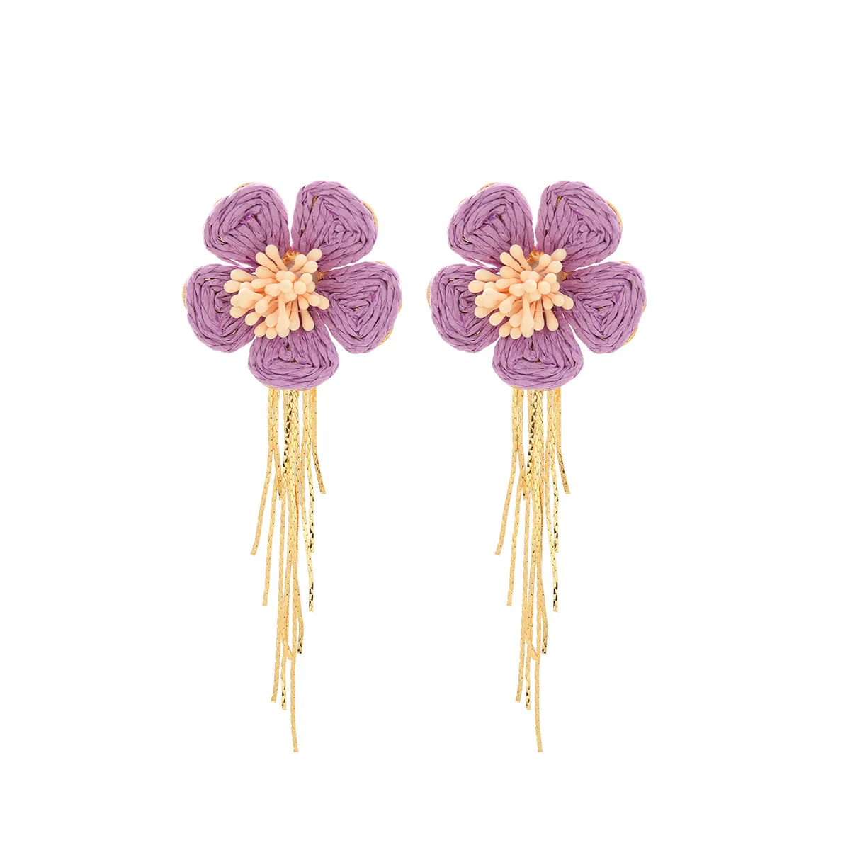 Wholesale Women's Raffia Flower Hand Knitted Tassel Earrings - Image 7