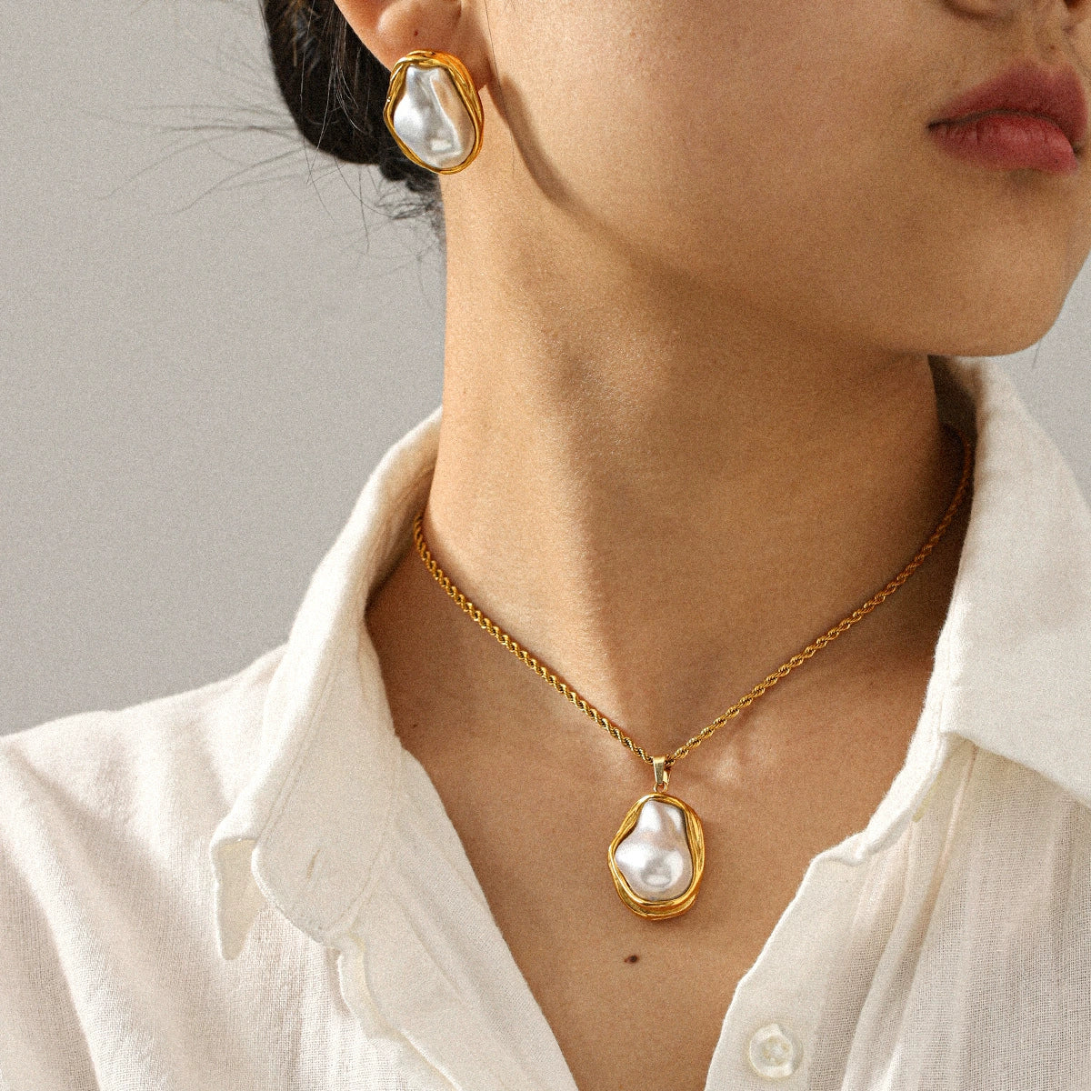 Wholesale Women's Retro Baroque Geometric Stainless Steel And Pearl Jewelry Necklaces And Earrings With Electroplating - Image 4