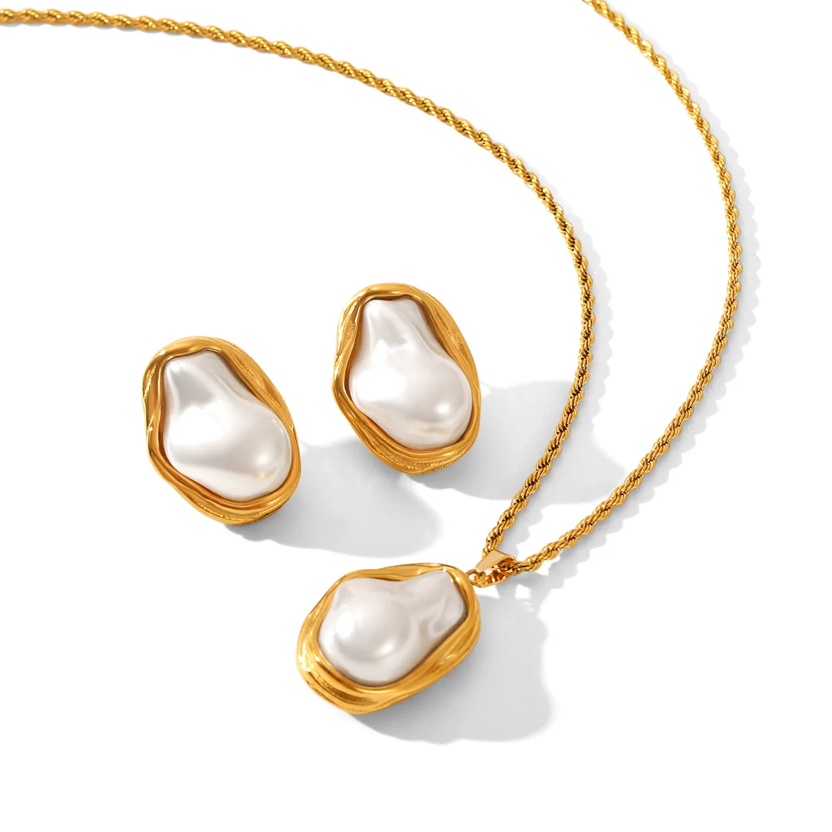 Wholesale Women's Retro Baroque Geometric Stainless Steel And Pearl Jewelry Necklaces And Earrings With Electroplating - Image 5