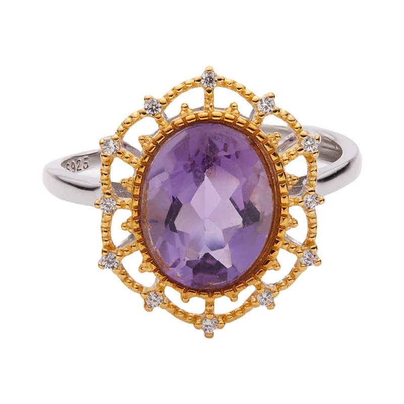 Wholesale Women's Retro Light Luxury Geometric S925 Sterling Silver Ring Inlaid With Natural Amethyst And Set With Gemstones - Image 5
