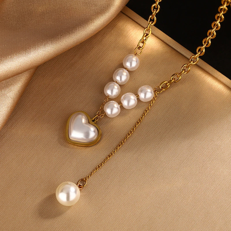 Wholesale Women's Retro Light Luxury Stainless Steel Heart Shape Pearl Necklace Bracelet Set 18K Gold Plated Jewelry - Image 2