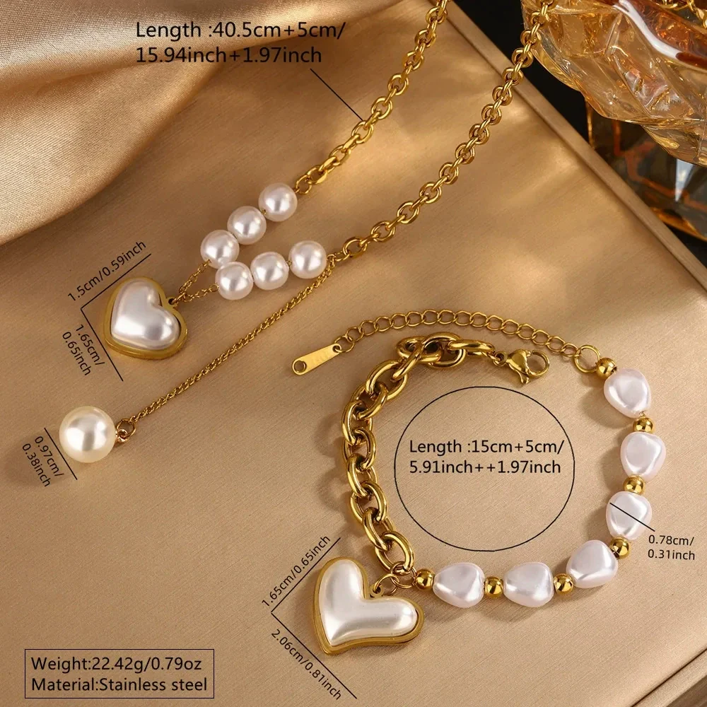 Wholesale Women's Retro Light Luxury Stainless Steel Heart Shape Pearl Necklace Bracelet Set 18K Gold Plated Jewelry - Image 4