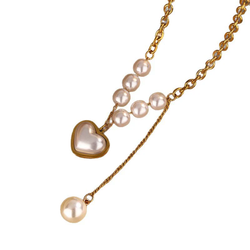 Wholesale Women's Retro Light Luxury Stainless Steel Heart Shape Pearl Necklace Bracelet Set 18K Gold Plated Jewelry - Image 5
