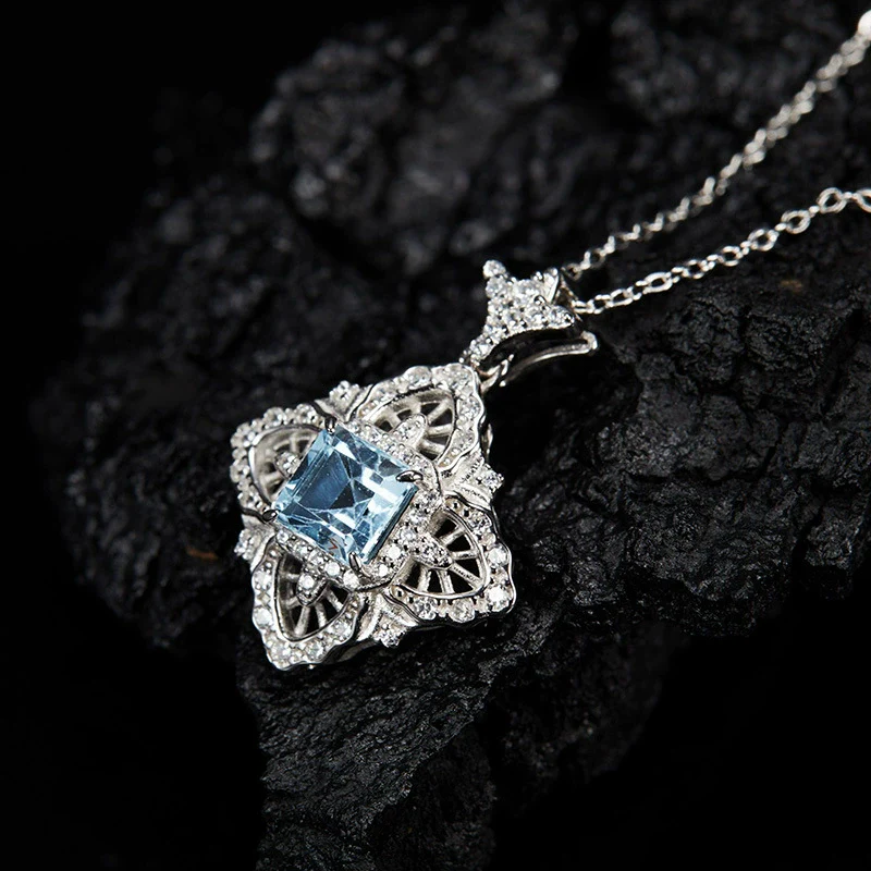 Wholesale Women's Retro Palace Hollow S925 Sterling Silver Inlaid Natural Topaz Pendant Necklace With Cross Chain And Gem Setting - Image 4