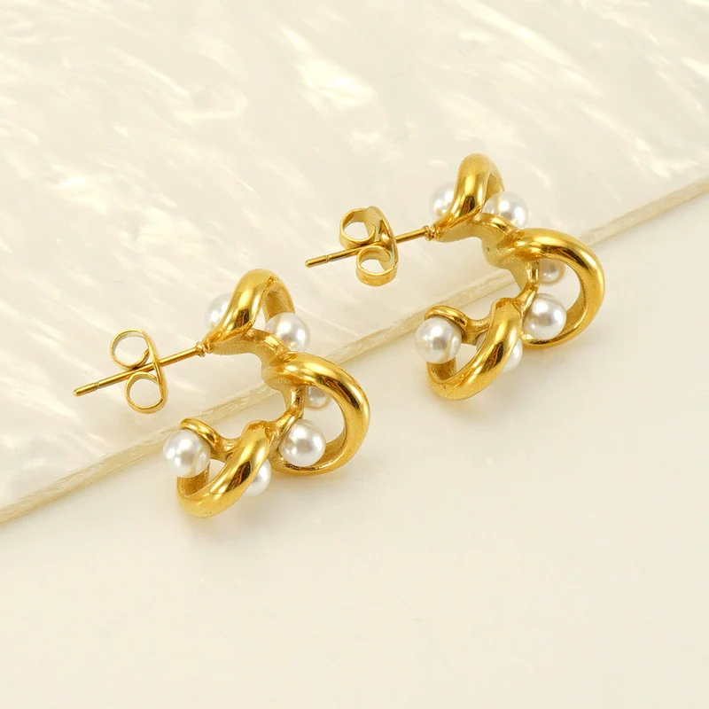 Wholesale Women's Retro 316L Stainless Steel 18K Gold Plated Geometric Woven Pearl Irregular Earrings - Image 3