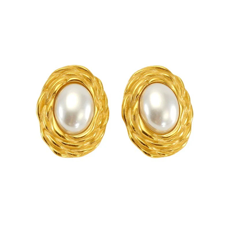 Wholesale Women's Retro 316L Stainless Steel 18K Gold Plated Geometric Woven Pearl Irregular Earrings - Image 5