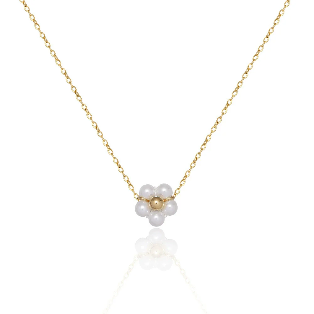 Wholesale Women's Retro Stainless Steel And Titanium Steel Daisy Flower Necklace With Glass Pearl Pendant Electroplated Ochain - Image 6