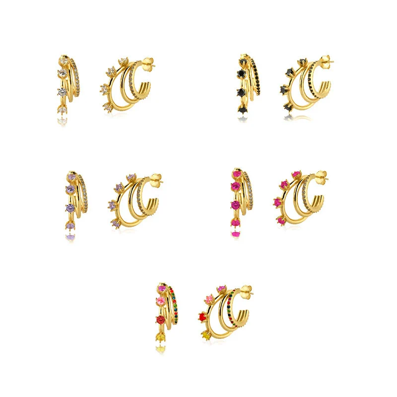 Wholesale Women's S925 Silver Geometric Cshaped Multilayer Diamond Set Electroplated Earrings