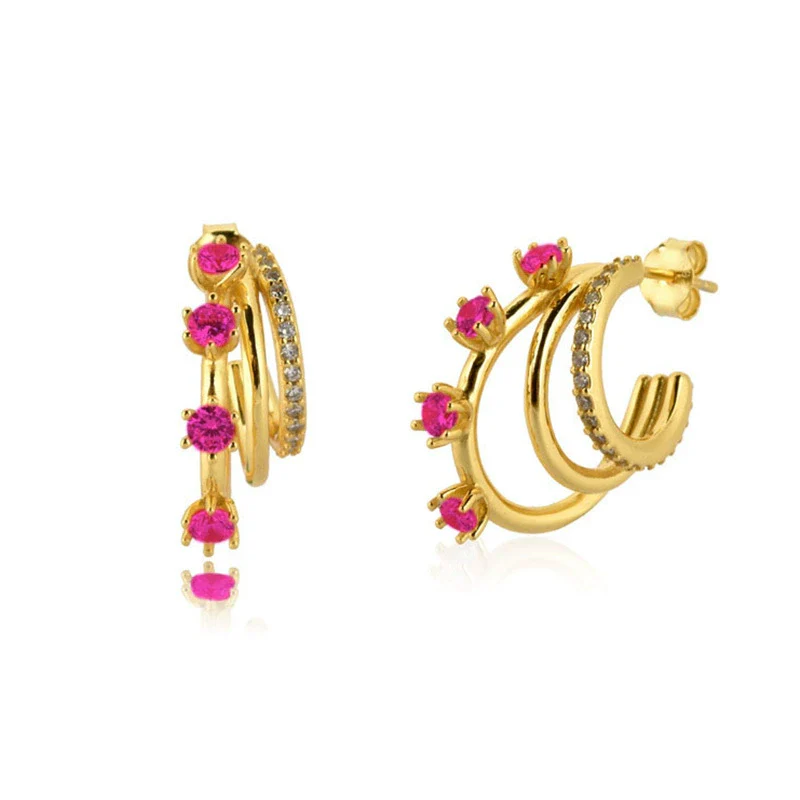 Wholesale Women's S925 Silver Geometric Cshaped Multilayer Diamond Set Electroplated Earrings - Image 2