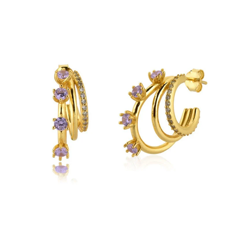 Wholesale Women's S925 Silver Geometric Cshaped Multilayer Diamond Set Electroplated Earrings - Image 3
