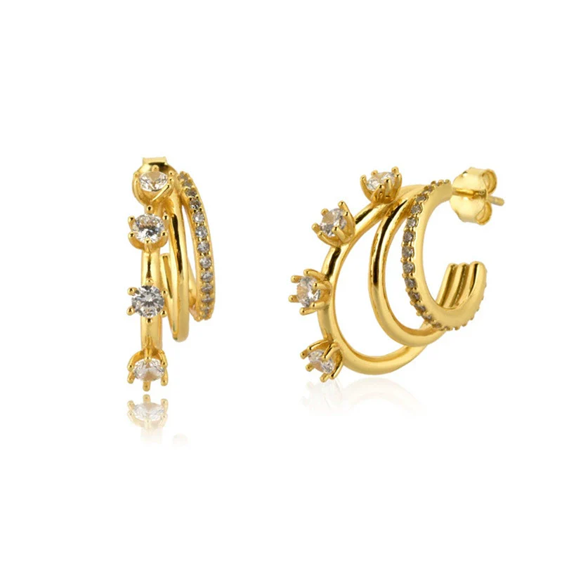 Wholesale Women's S925 Silver Geometric Cshaped Multilayer Diamond Set Electroplated Earrings - Image 5