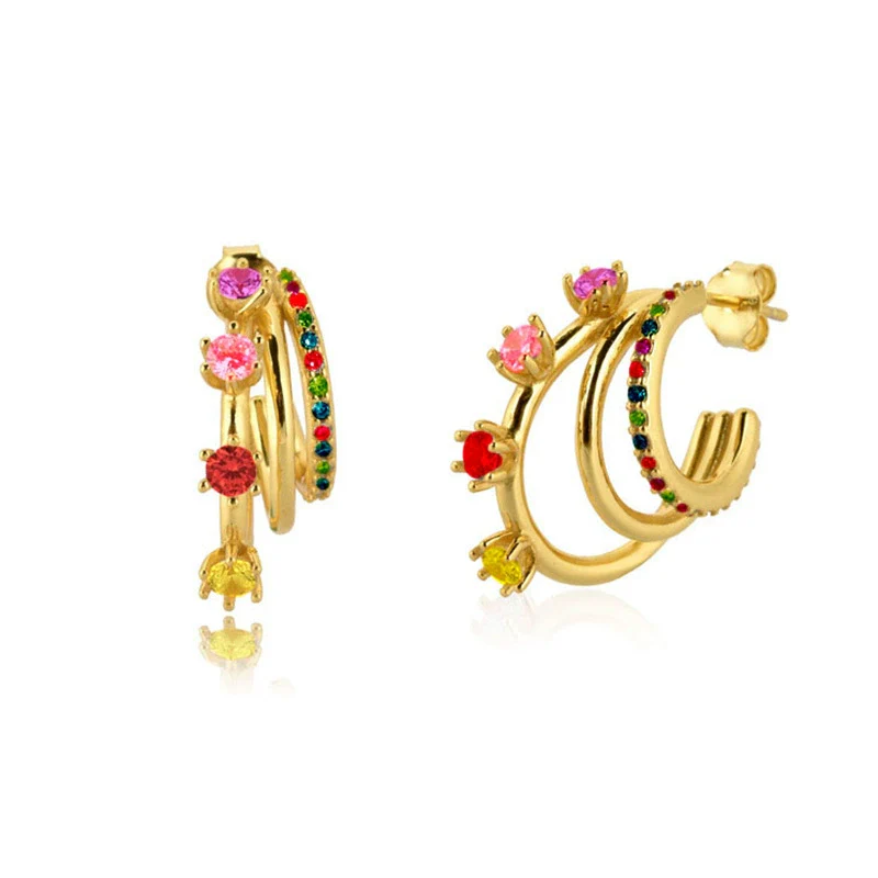 Wholesale Women's S925 Silver Geometric Cshaped Multilayer Diamond Set Electroplated Earrings - Image 6