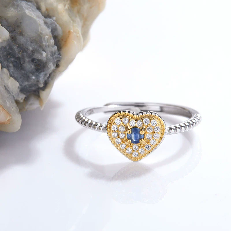 Wholesale Women's S925 Silver Heart Shaped Natural Sapphire Set Open Ring - Image 2