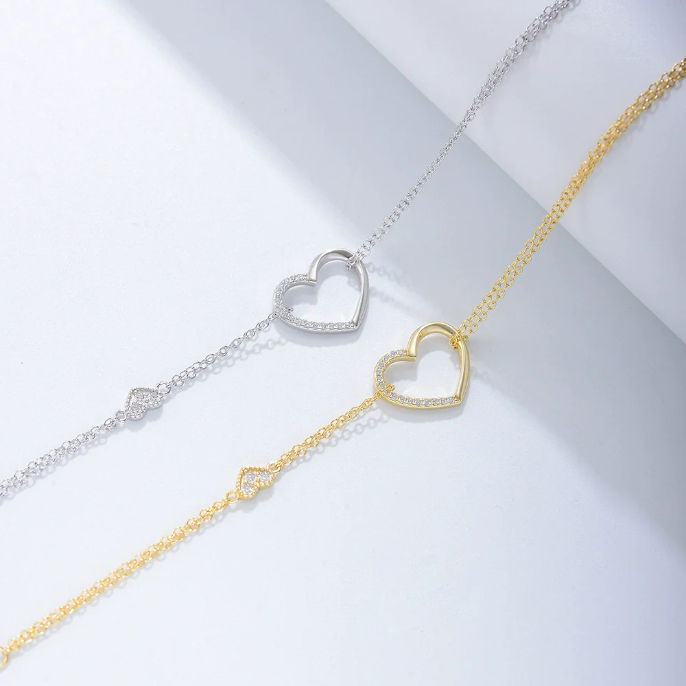 Wholesale Women's S925 Sterling Silver Diamond Heartshaped Doublelayer Bracelet Jewelry - Image 3