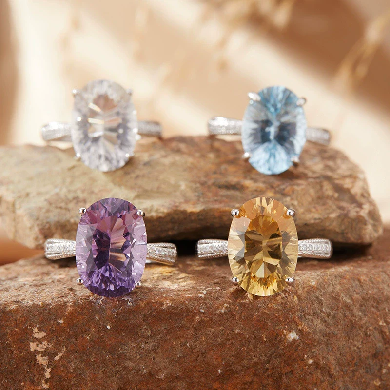 Wholesale Women's S925 Sterling Silver Geometric Crystal And Colored Gemstone Ring In Light Luxury Style