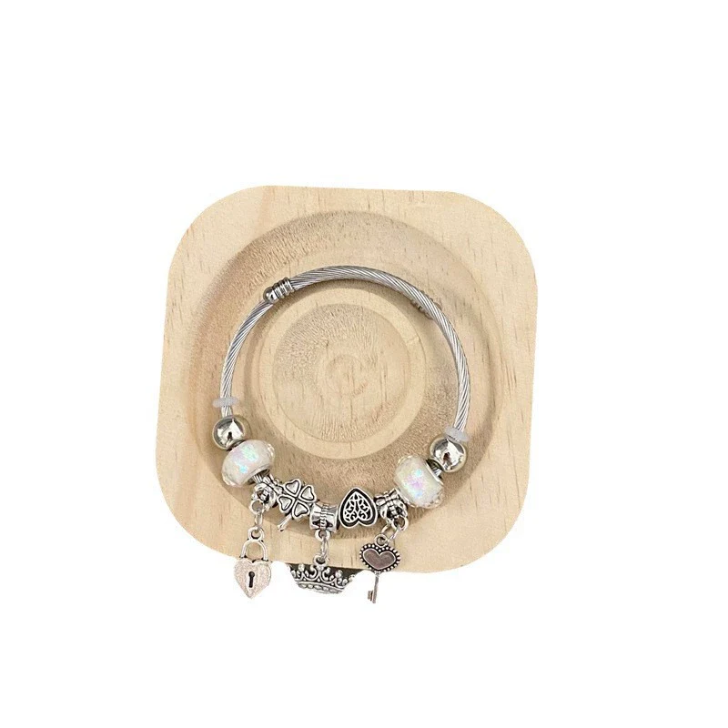 Wholesale Women's Silver Electroplated Stainless Steel Heart Crown Beaded Pendant Bracelet Hand Jewelry - Image 5