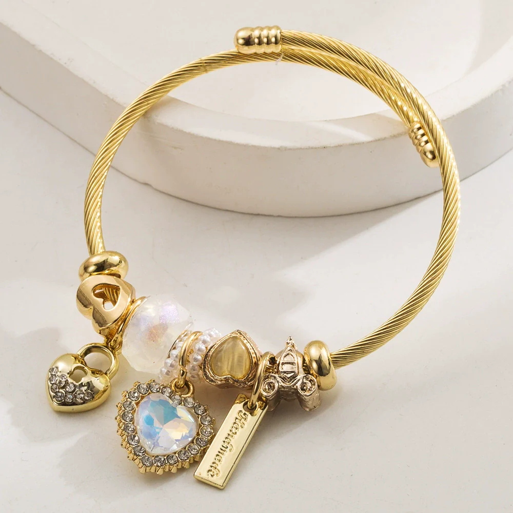 Wholesale Women's Simple Crystal Beaded Heart Pendant Stainless Steel Titanium Steel Couple Bracelet - Image 7
