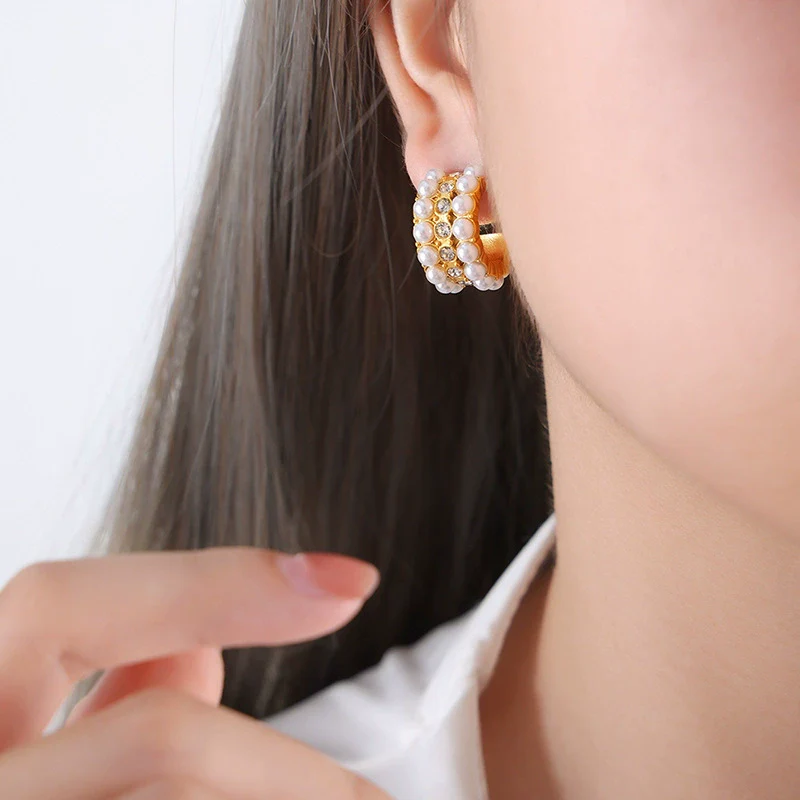 Wholesale Women's Simple Geometric Electroplated Titanium Steel Earrings With Zircon And Glass Beads And Rhinestone - Image 12