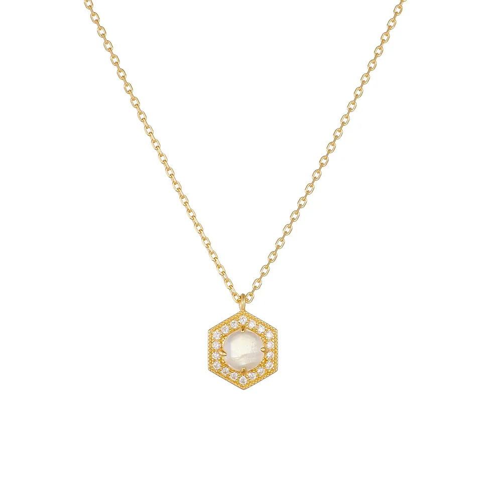 Wholesale Women's Simple Geometric Hexagon Natural Moonstone Silver Pendant Necklace Set With Precious Stones On Cross Chain - Image 5