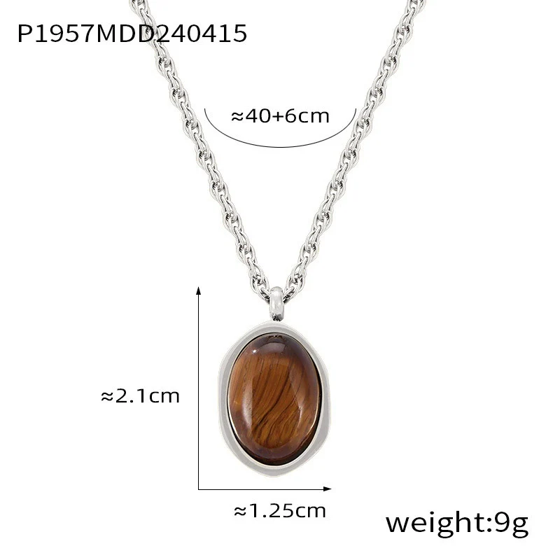 Wholesale Women's Simple Geometric Inlaid Tiger Eye Stone Goldplated Titanium Steel Pendant Necklace - Image 11