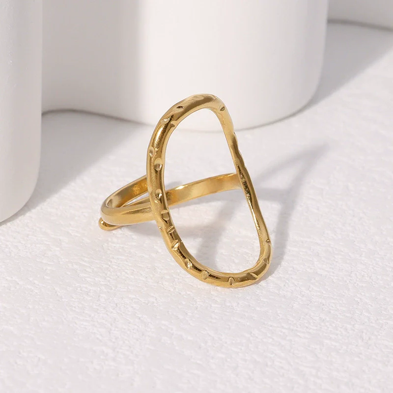 Wholesale Women's Simple Geometric Stainless Steel Electroplated Hammered Oval Hollow Open Ring Jewelry - Image 3