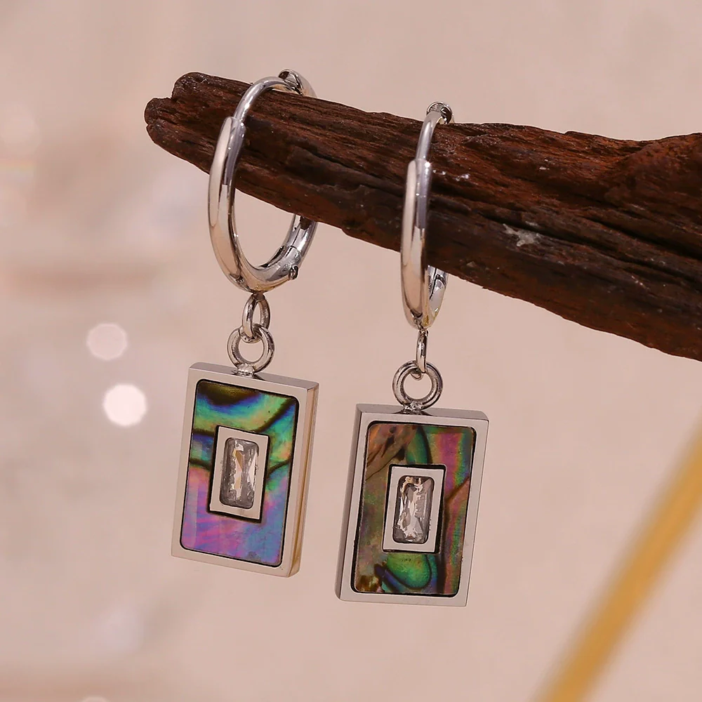 Wholesale Women's Simple Geometric Stainless Steel Electroplated Rectangular Pendant Earrings With Natural Abalone Shell And Zircon - Image 3
