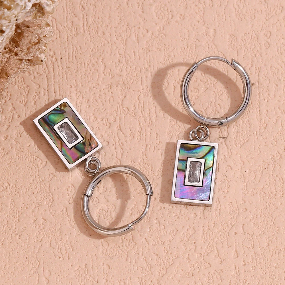 Wholesale Women's Simple Geometric Stainless Steel Electroplated Rectangular Pendant Earrings With Natural Abalone Shell And Zircon - Image 4