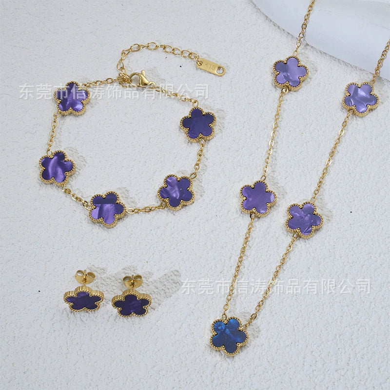 Wholesale Women's Simple Plants And Flowers Style Fiveflower Threepiece Set Necklace Earrings Bracelets 18K Titanium Steel Electroplated O Word Chain - Image 14