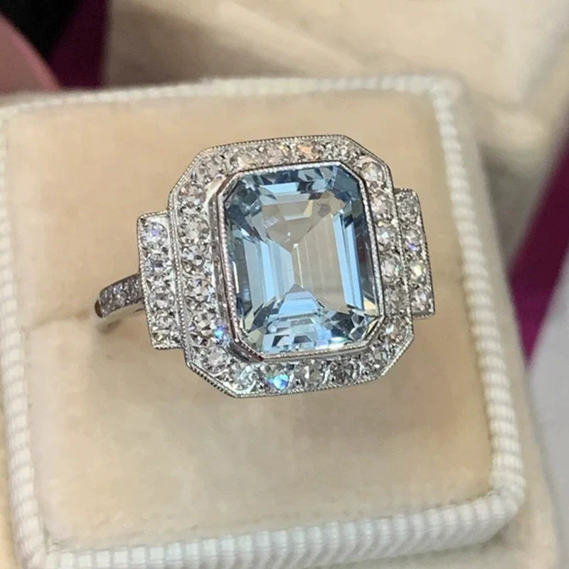 Wholesale Women's Square Aquamarine Zircon Ring Copper Geometric Style