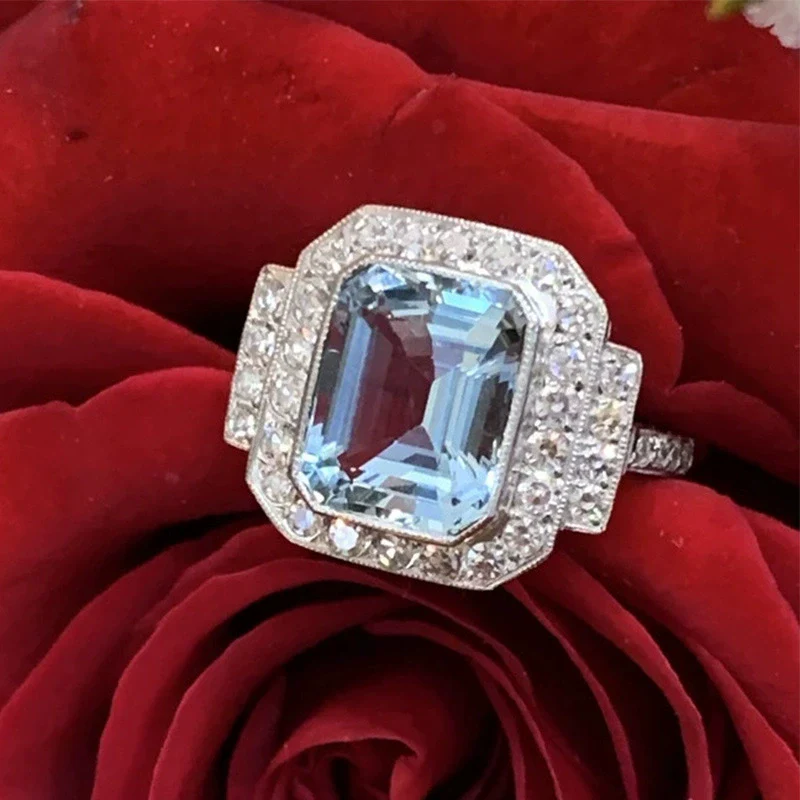 Wholesale Women's Square Aquamarine Zircon Ring Copper Geometric Style - Image 2