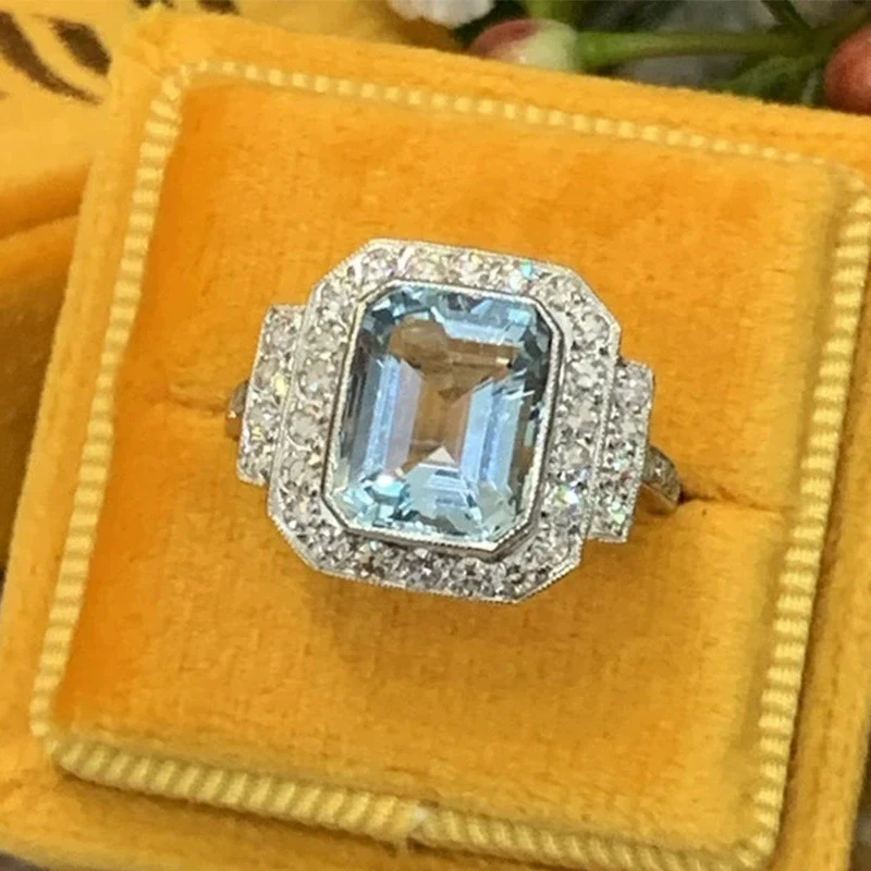 Wholesale Women's Square Aquamarine Zircon Ring Copper Geometric Style - Image 3