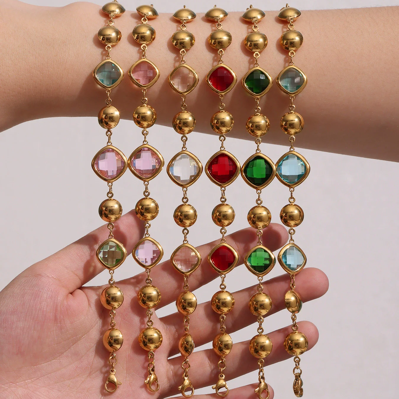 Wholesale Women's Stainless Steel And Czech Glass Stone Geometric Pattern Electroplated Ferris Wheel Cube Faceted Hollow Round Stitching Bracelet Hand Jewelry - Image 4