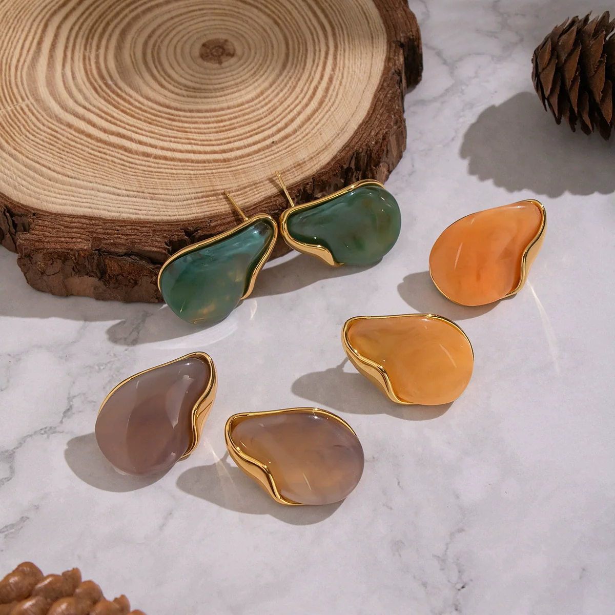 Wholesale Women's Stainless Steel And Resin Geometric Smudged Irregular Chubby Earrings With Pvd Furnace Vacuum Real Gold Plating Sweet And Cool Style - Image 2