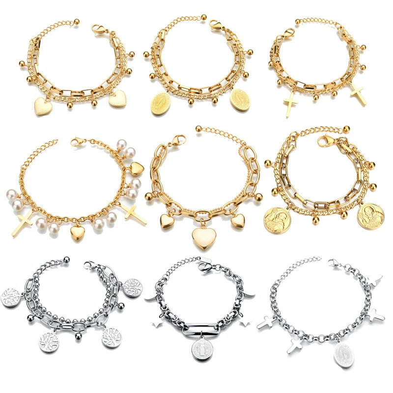 Wholesale Women's Stainless Steel Double Layer Tree Of Life Pendant Bracelet With Geometric Pattern