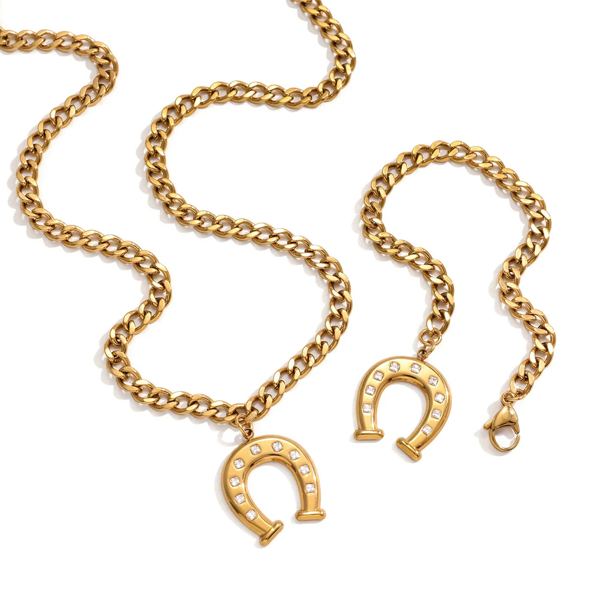 Wholesale Women's Stainless Steel Electroplated Geometric Ushaped Horseshoe Diamond Bracelet And Necklace Jewelry Accessories - Image 5