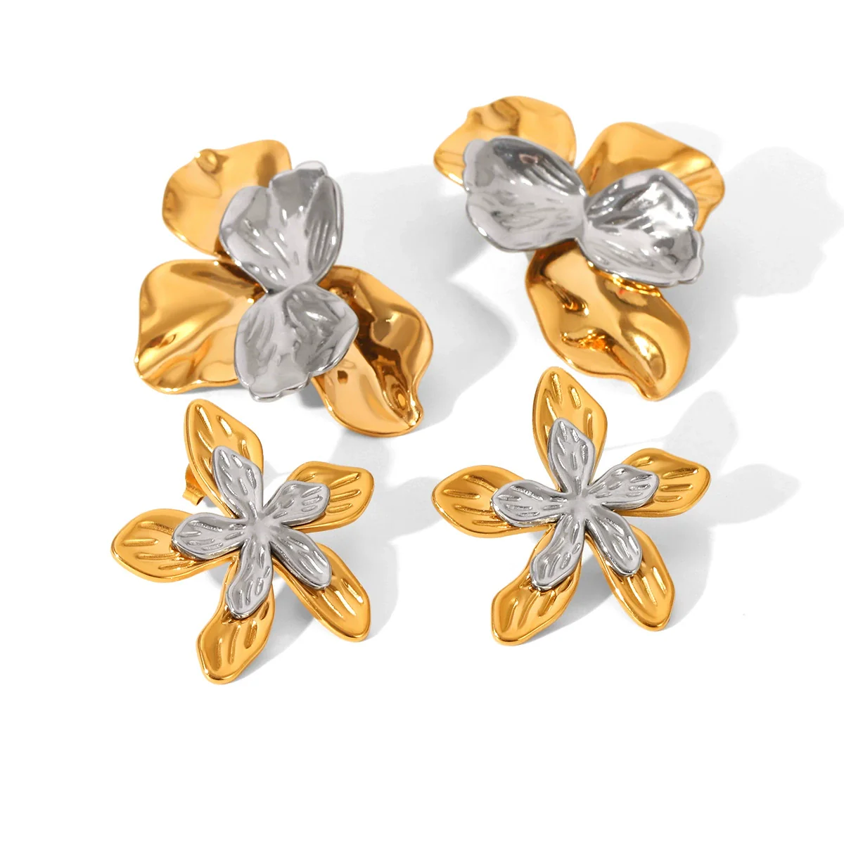Wholesale Women's Stainless Steel Electroplated Hammered Geometric And Flower Earrings - Image 5