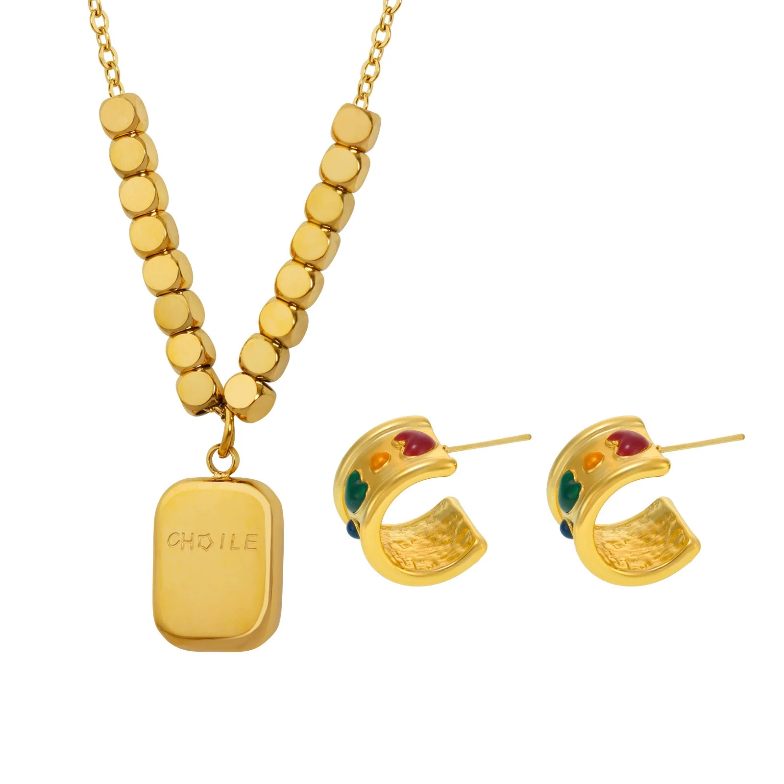 Wholesale Women's Stainless Steel Ferris Wheel Cshaped Love Square Card Lettering Pendant Necklace And Earrings Electroplated Combination Suit - Image 5