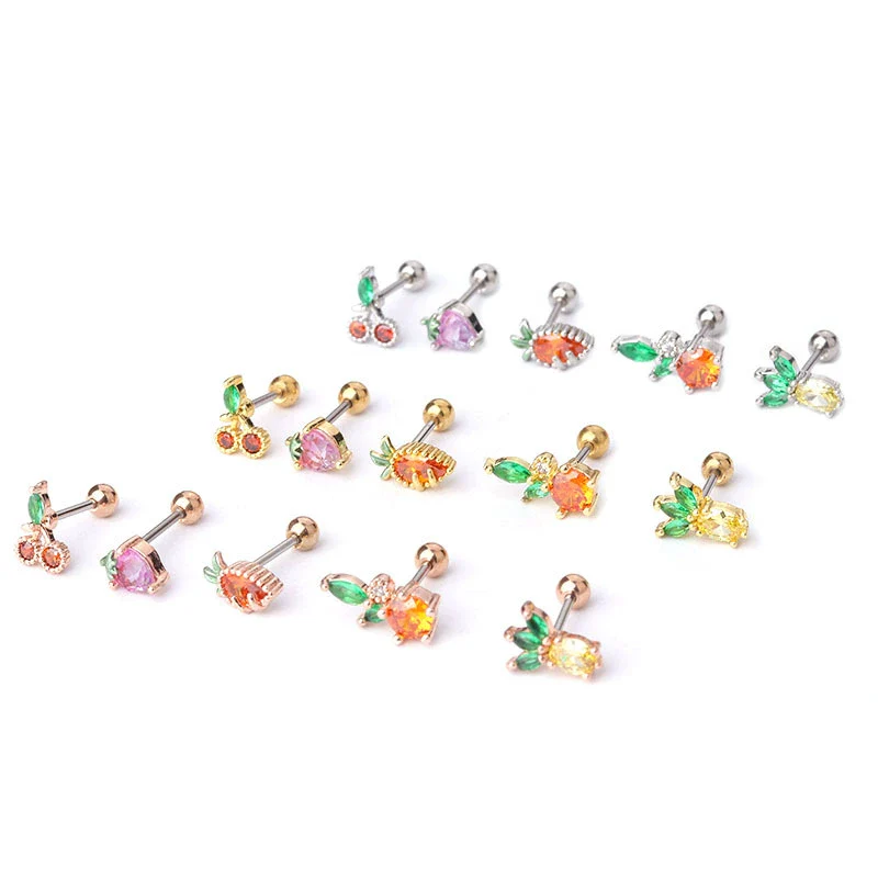 Wholesale Women's Stainless Steel Fruit Shaped Creative Colorful Zircon Stud Earrings With Electroplating Treatment - Image 3