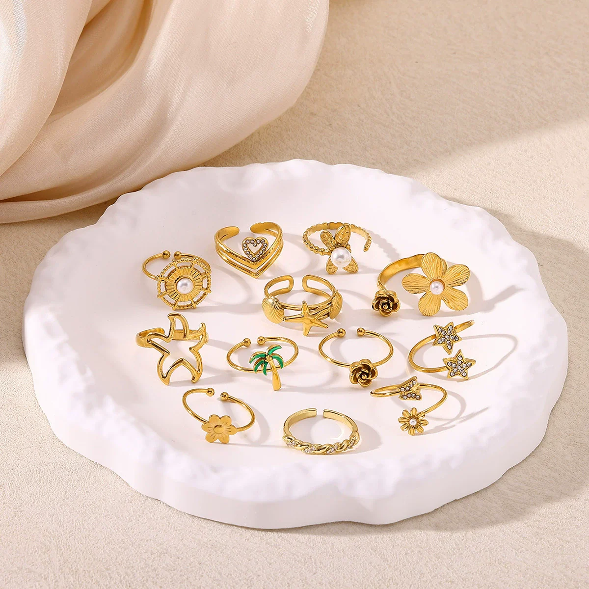 Wholesale Women's Stainless Steel Geometric Heart Shape Imitation Pearl Zircon Ring Inlaid With Gold And Plated With 18K Gold Flower Star Open Ring