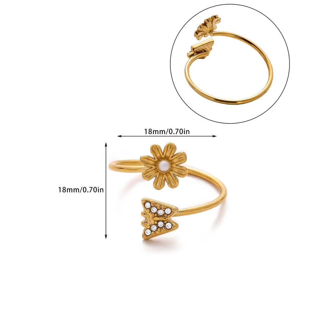 Wholesale Women's Stainless Steel Geometric Heart Shape Imitation Pearl Zircon Ring Inlaid With Gold And Plated With 18K Gold Flower Star Open Ring - Image 10