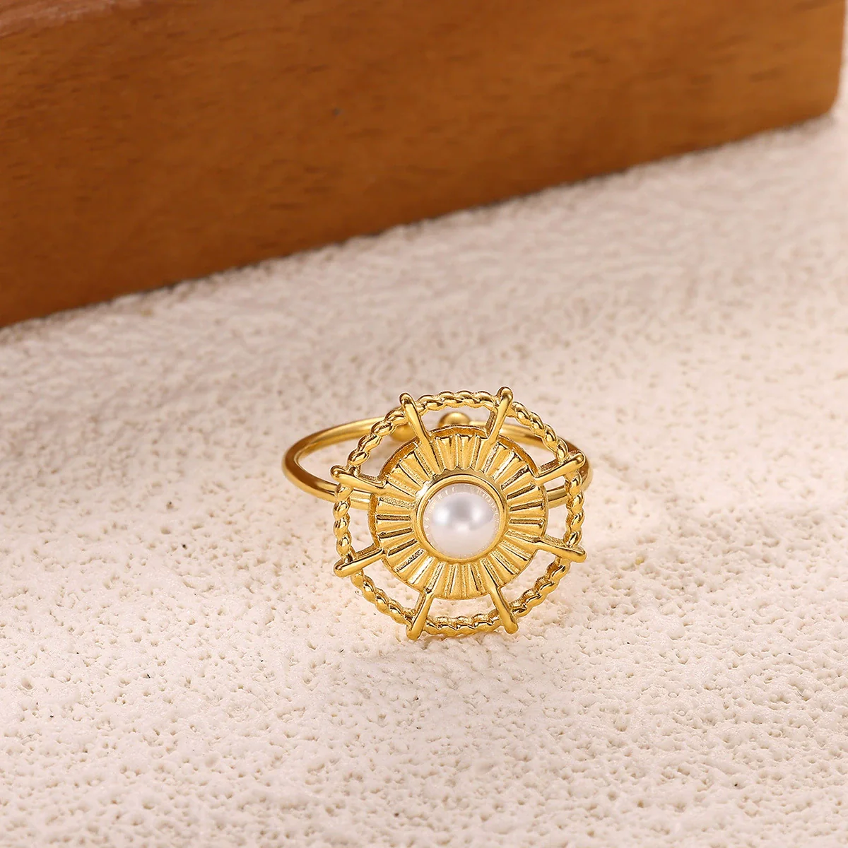 Wholesale Women's Stainless Steel Geometric Heart Shape Imitation Pearl Zircon Ring Inlaid With Gold And Plated With 18K Gold Flower Star Open Ring - Image 2