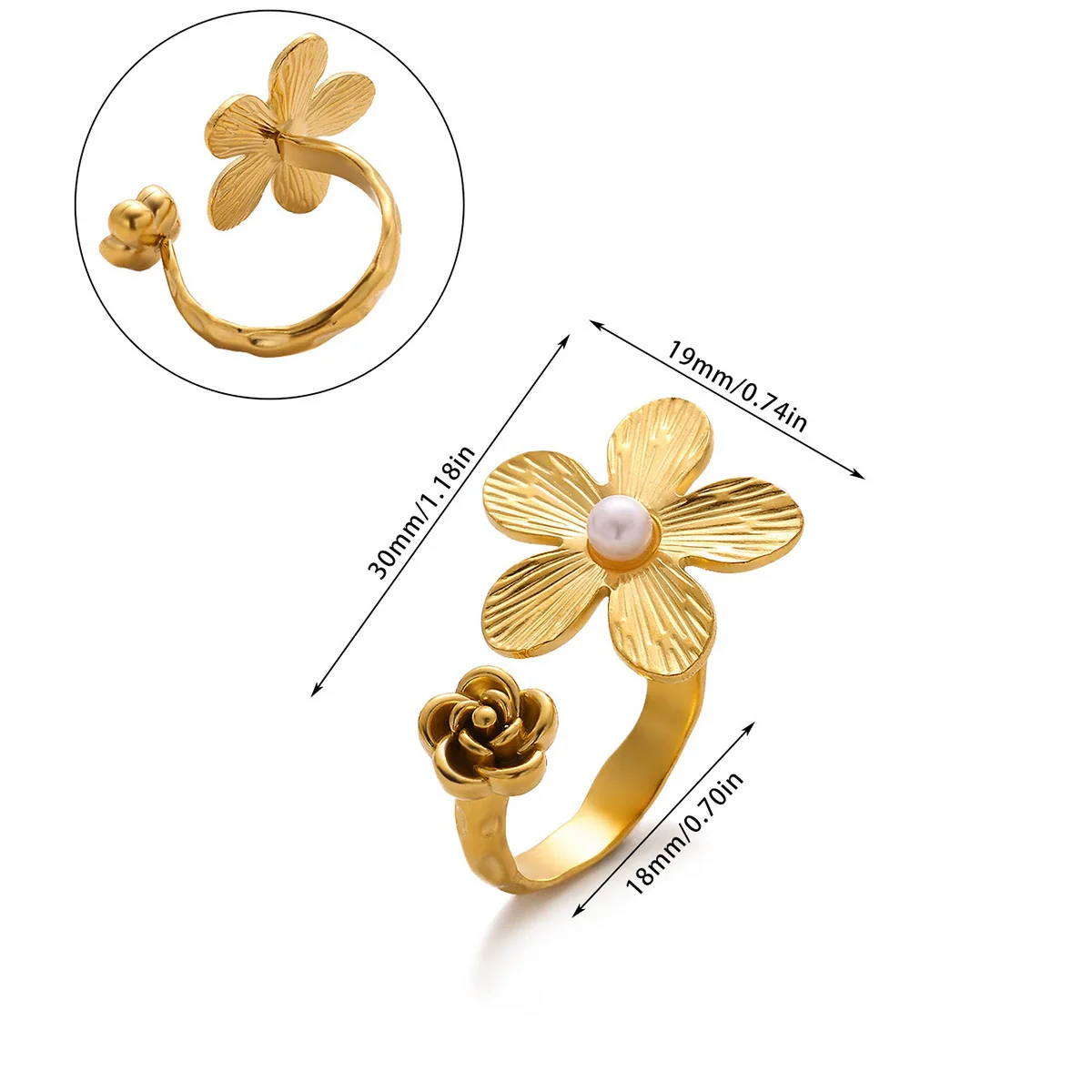 Wholesale Women's Stainless Steel Geometric Heart Shape Imitation Pearl Zircon Ring Inlaid With Gold And Plated With 18K Gold Flower Star Open Ring - Image 6