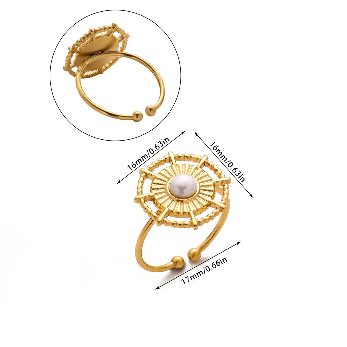 Wholesale Women's Stainless Steel Geometric Heart Shape Imitation Pearl Zircon Ring Inlaid With Gold And Plated With 18K Gold Flower Star Open Ring - Image 8