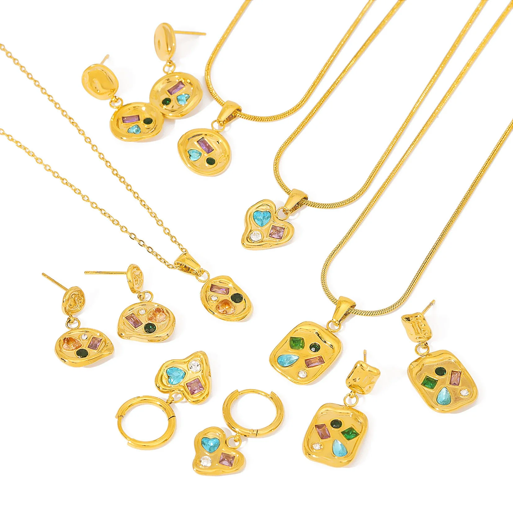 Wholesale Women's Stainless Steel Geometric Necklace And Earrings Combination With 18K Real Gold Plating And Colorful Natural Zircon Inlay - Image 5