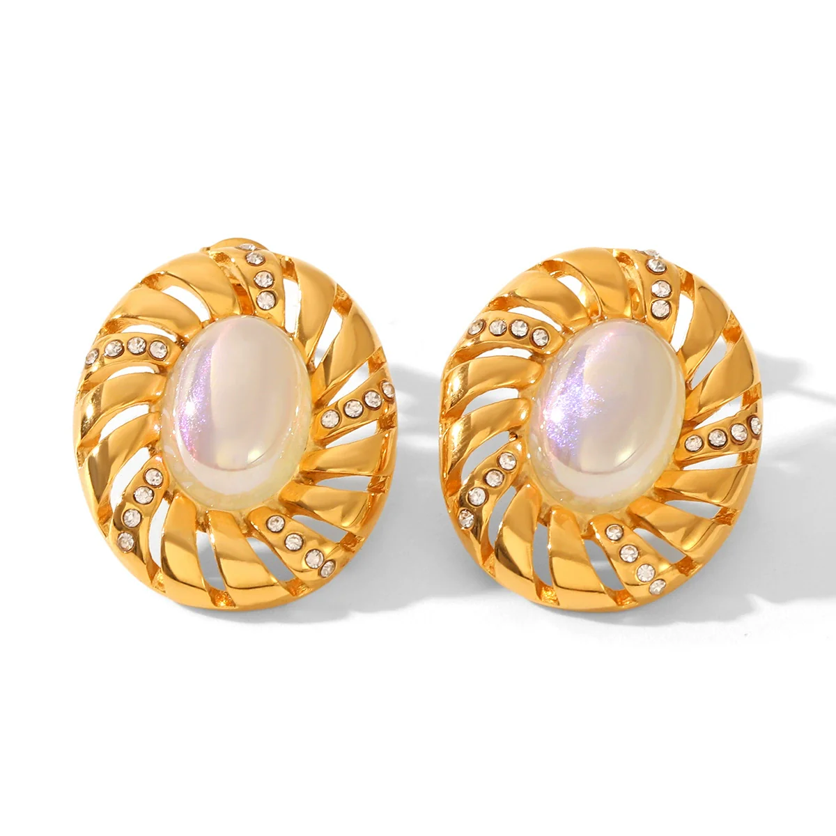 Wholesale Women's Stainless Steel Geometric Spiral Texture Electroplated Earrings Inlaid With Rhinestones And Mermaid Pearl - Image 5