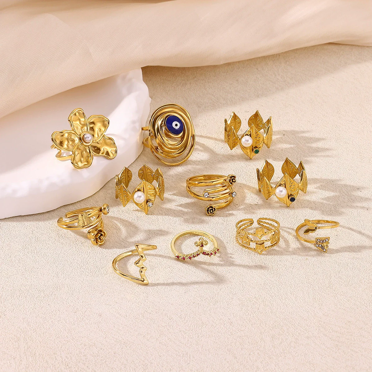Wholesale Women's Stainless Steel Imitation Pearl Multilayer Zircon 18K Gold Plated Heart Shape Geometric Inlaid With Gold Open Ring
