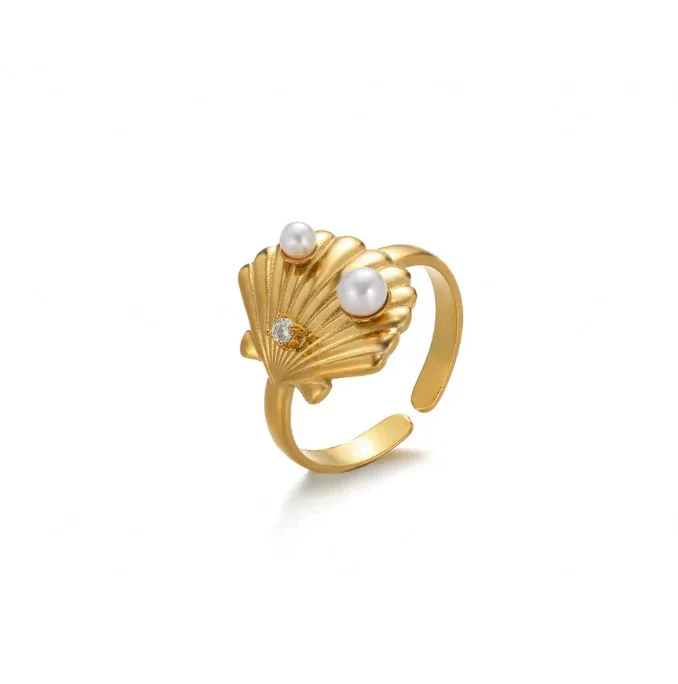Wholesale Women's Stainless Steel Imitation Pearl Multilayer Zircon 18K Gold Plated Heart Shape Geometric Inlaid With Gold Open Ring - Image 21