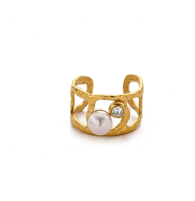 Wholesale Women's Stainless Steel Imitation Pearl Multilayer Zircon 18K Gold Plated Heart Shape Geometric Inlaid With Gold Open Ring - Image 23
