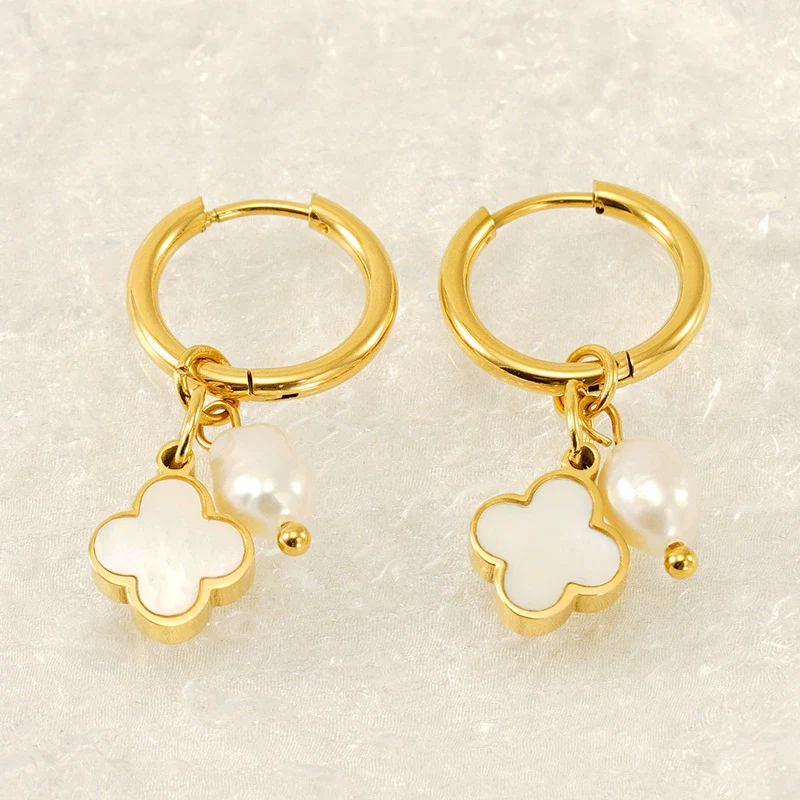 Wholesale Women's 316L Stainless Steel Pearl Four Leaf Clover Geometric Electroplated Earrings - Image 3